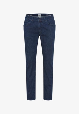 Mørkeblå, slim-fit jeans med knap- og lynlåslukning foran, fem-lomme-design og mærket linning synlig indvendigt.