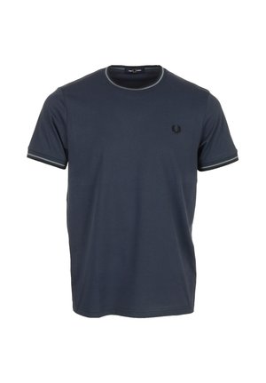 T-shirt blu navy a maniche corte con scollo rotondo, rifinita con bordi grigio scuro su collo e maniche, con piccolo logo ricamato sul petto a sinistra.