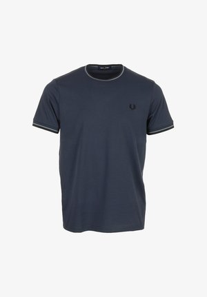 T-shirt blu navy a maniche corte con scollo rotondo, rifinita con bordi grigio scuro su collo e maniche, con piccolo logo ricamato sul petto a sinistra.