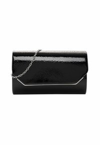 Pochette en cuir verni noir avec une chaîne en argent, de forme rectangulaire élégante et une finition brillante texturée. Design d'un rabat angulaire.