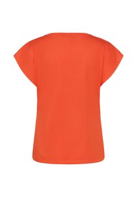Short-sleeved, bright orange t-shirt with a round neckline and smooth texture. Simple design, no patterns or accents. Back view shown.