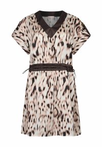 Robe à manches courtes avec imprimé léopard, encolure en V foncée et ceinture sombre réglable avec cordons sur fond blanc.