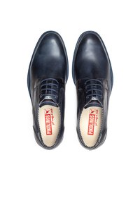 Navy leather shoes with a smooth finish, round toe, and contrasting stitching. Features a lace-up design and branded insole.