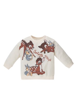 Kremfarvet børnesweatshirt med tegneserie hjorte og kaniner samt teksten "Favourite friends" på forsiden.