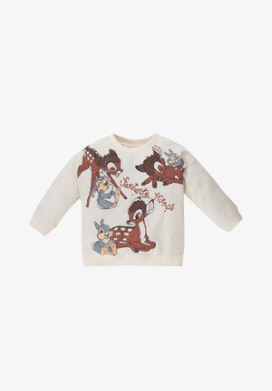 Kremfarvet børnesweatshirt med tegneserie hjorte og kaniner samt teksten "Favourite friends" på forsiden.