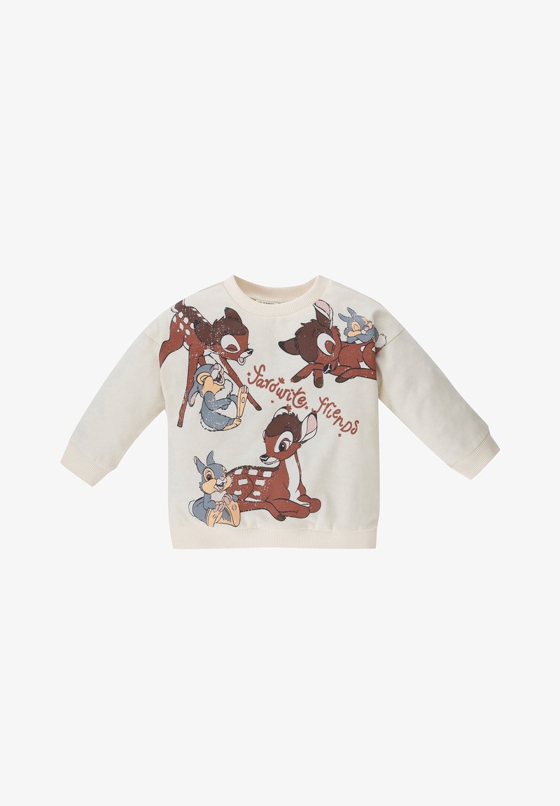Sweatshirt pour enfants de couleur crème avec des dessins animés de cerfs et de lapins, avec le texte « Amis préférés » inscrit sur le devant.