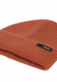 Gorro de color óxido con textura acanalada, con puño doblado y etiqueta negra con texto blanco. Diseño simple, de punto, para mantener el calor.