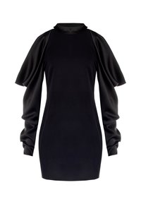 Schwarzes Kleid mit hohem Kragen, tailliertem Oberteil und voluminösen, gerafften Ärmeln aus einem kontrastierenden satinähnlichen Material. Insgesamt glatte текстур.