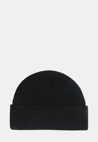 Cappello di lana nera a maglia con texture a coste, dotato di un risvolto e di una parte superiore arrotondata. Realizzato in materiale morbido e stretch.