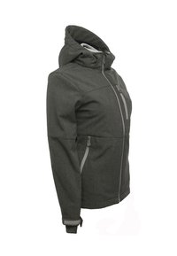 Veste grise avec capuche, dotée de poches avant zippées et d'accents gris contrastés. Fabriquée à partir d'un matériau texturé et durable.