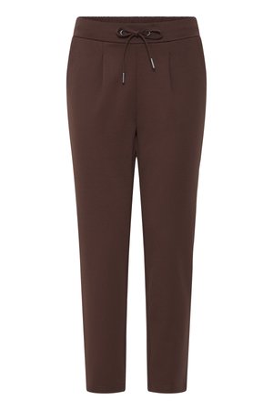 Pantaloni marroni a gamba affusolata con vita elasticizzata e coulisse, caratterizzati da pieghe frontali e un design slim fit.
