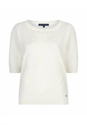 Witte korte mouw gebreide trui met subtiele bloemenborduursels en een ronde hals, maat small.