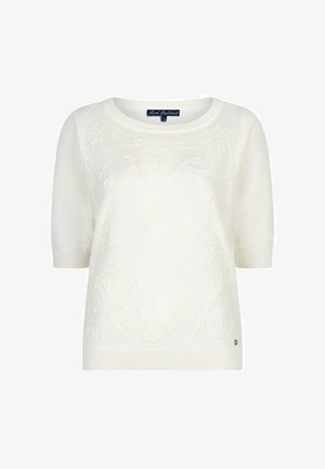 Witte korte mouw gebreide trui met subtiele bloemenborduursels en een ronde hals, maat small.