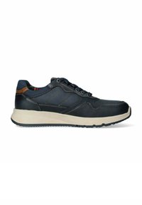 Sneaker blu scuro con tomaia in pelle liscia, suola in gomma beige chiaro e cuciture dettagliate. Presenta un design con lacci e una fodera interna a motivo.