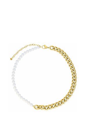 Gold chain necklace combined with white round beads in a half-circle design, featuring a lobster clasp and adjustable chain extender.