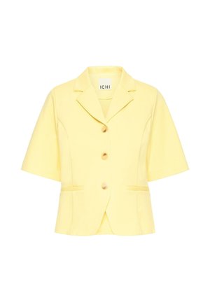 Hele kollane lühikeste varrukatega bleiser, millel on kolm nööpi, sälk krae ja kaks esi taskut, brändilt ICHI.