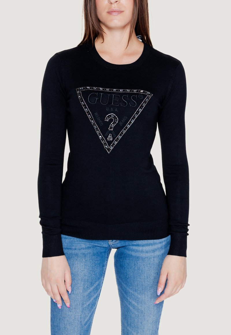 Maglione nero a maniche lunghe con scollatura rotonda e un design del logo triangolare in strass sulla parte anteriore. Tessuto a maglia morbido con polsini a coste.