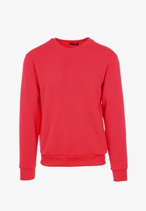 Felpa rossa, maniche lunghe, design a girocollo, realizzata in tessuto morbido, con polsini e orlo a costine. Texture liscia, senza motivi o loghi.