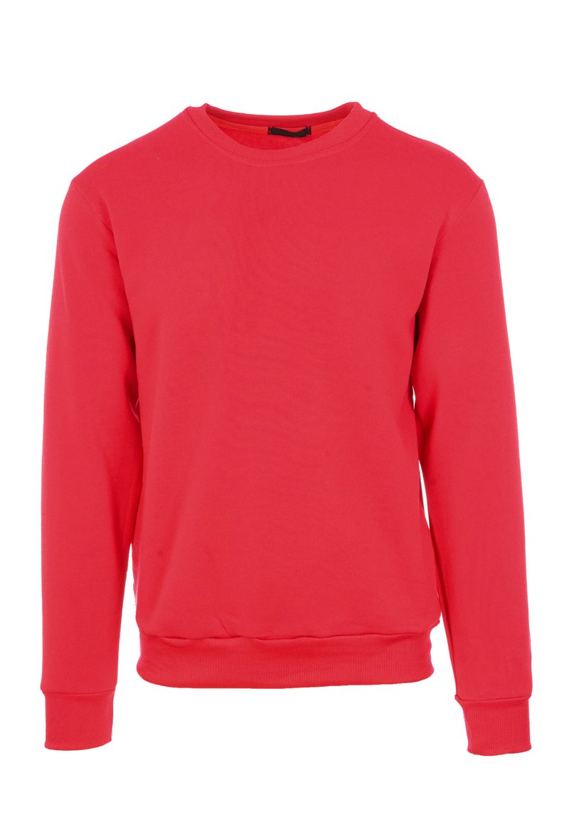 Felpa rossa, maniche lunghe, design a girocollo, realizzata in tessuto morbido, con polsini e orlo a costine. Texture liscia, senza motivi o loghi.