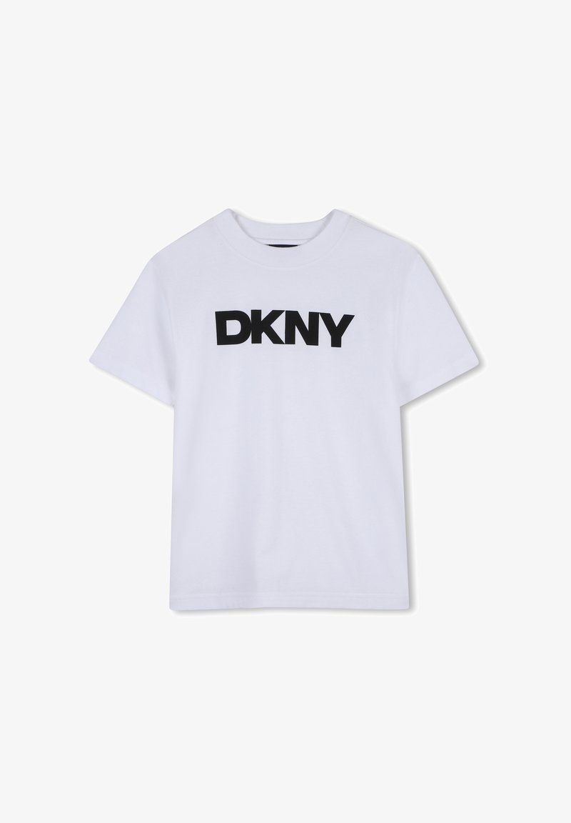 T-shirt en coton blanc avec un logo "DKNY" noir audacieux sur la poitrine, manches courtes et col rond classique.