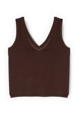Mouwloos donkerbruin gebreid vest met een diepe V-hals en geribbelde rand op de schouders en halslijn.