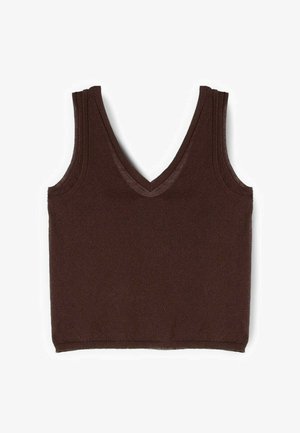 Chaleco tejido sin mangas de color marrón oscuro con escote en V profundo y ribete acanalado en los hombros y el escote.