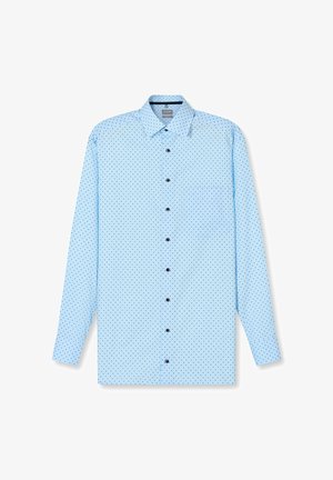 Hellblaues Langarmhemd mit einem Button-Down-Kragen, das ein Muster aus kleinen schwarzen Punkten und eine einzelne Brusttasche aufweist.