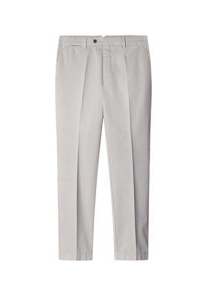 Light gray tailored pants with a smooth texture, featuring a flat front, two pleats, and a button closure at the waistband.