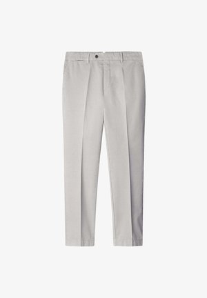 Svetlošedé elegantné nohavice s hladkou textúrou, s plochým predným dielom, dvoma záhybmi a gombíkovým uzáverom v páse.