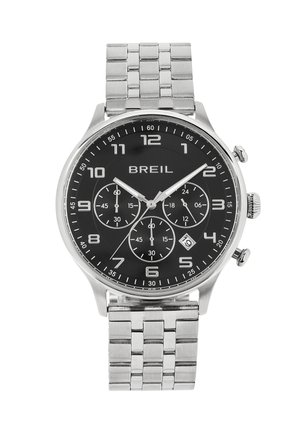 Cronografo in acciaio inox argentato con quadrante nero, numeri arabi, tre sottodial e display della data. Bracciale a maglie in metallo.