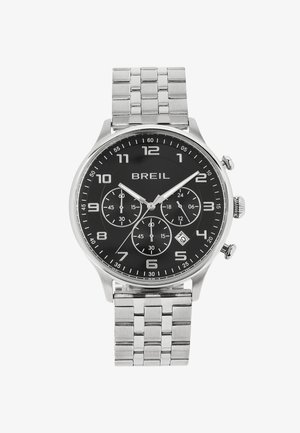 Sølv rustfrit stål chronograph ur med en sort urskive, arabiske tal, tre sub-dials og en datovisning. Metal link rem.