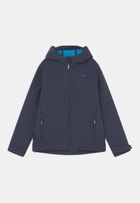 Marineblå softshell-jakke med hætte, frontlynlås og to lynlåsede lommer. Indvendig foret med lyseblåt stof; har kontrasterende accenter.