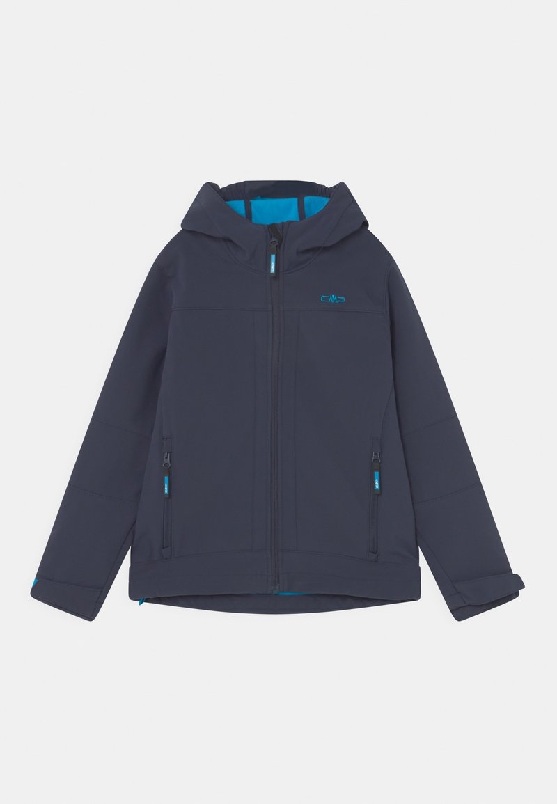 Marineblå softshell-jakke med hætte, frontlynlås og to lynlåsede lommer. Indvendig foret med lyseblåt stof; har kontrasterende accenter.
