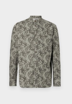 Langarm-Hemd in Hellgrau mit einem Palmenblattmuster. Verfügt über einen Stehkragen und braune Knöpfe. Hergestellt aus strukturiertem Stoff.