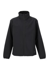 Svart softshell-jacka med ståkrage, hel dragkedja och elastiska ärmslut. Har två sidofickor och en mjuk yta.