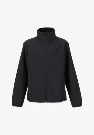 Svart softshell-jacka med ståkrage, hel dragkedja och elastiska ärmslut. Har två sidofickor och en mjuk yta.