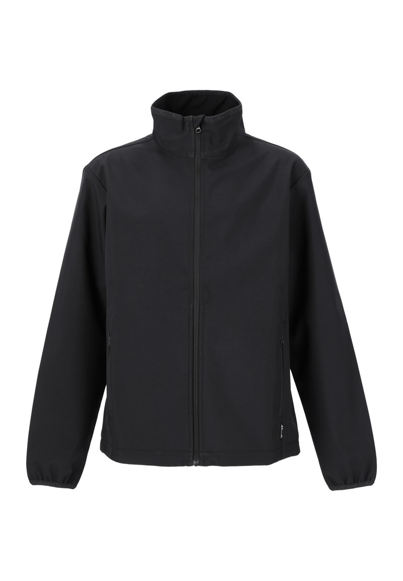 Svart softshell-jacka med ståkrage, hel dragkedja och elastiska ärmslut. Har två sidofickor och en mjuk yta.