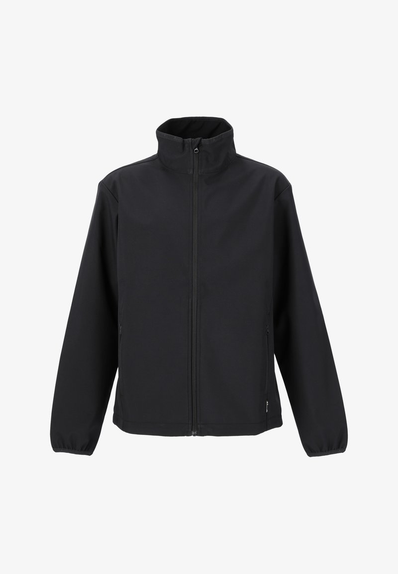 Svart softshell-jacka med ståkrage, hel dragkedja och elastiska ärmslut. Har två sidofickor och en mjuk yta.
