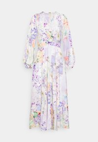 Blommig maxiklänning med lång ärm i pastellfärger, V-ringning, rynkade axlar och dragkedja i ryggen.