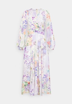 Vestido maxi de manga larga floral con colores pastel, escote en V, hombros fruncidos y cierre de cremallera en la espalda.