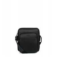 Borsa a tracolla in pelle nera con finitura testurizzata, dotata di una tasca frontale, tracolla regolabile e chiusura a zip. Forma quadrata compatta.