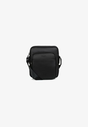 Borsa a tracolla in pelle nera con finitura testurizzata, dotata di una tasca frontale, tracolla regolabile e chiusura a zip. Forma quadrata compatta.