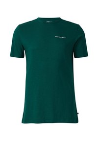 Donkergroene t-shirt met korte mouwen, gemaakt van zachte stof, heeft een ronde hals en witte tekst "Abonneer je op de Natuur" op de voorkant.