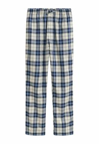 Pantalons de pyjama à carreaux avec une taille à cordon, présentant un motif à carreaux bleu et crème, fabriqués en tissu léger et doux.