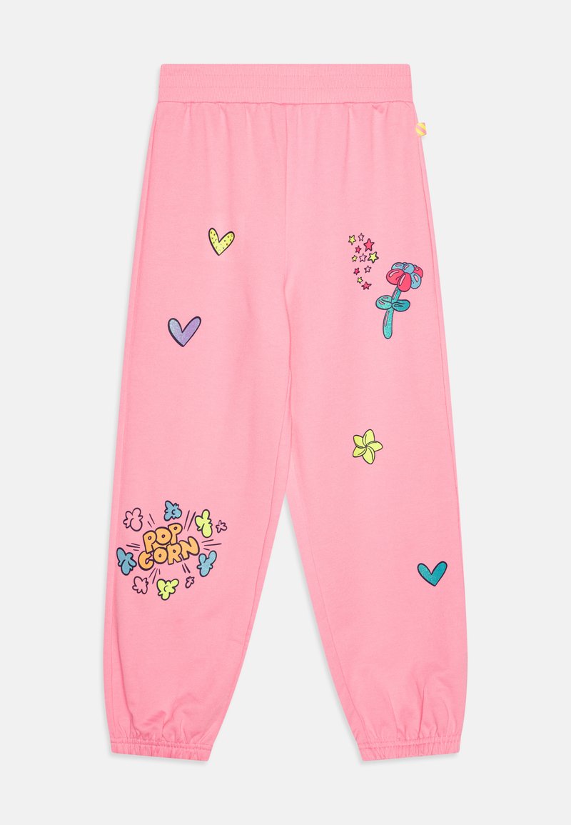 Růžové tepláky z bavlny, které mají barevné potisky včetně srdíček, květin a grafiky 'POP CORN' na nohavicích.