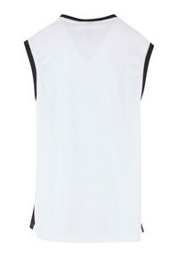 Maillot de sport blanc sans manches avec bordure noire aux emmanchures et à l'encolure, présenté de dos sur fond blanc.
