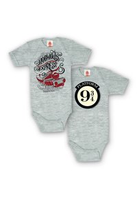 Grau melierter Baumwoll-Einteiler mit "Hogwarts Express" Grafik und rotem Zug-Motiv auf der Vorderseite; "Platform 9¾" Logo auf der Rückseite. Kurze Ärmel.