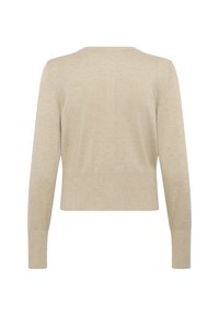 Beige, rövidített pulóver hosszú ujjakkal, puha kötött anyagból készült. Kerek nyakkivágással és sima textúrával rendelkezik, minimális részletezéssel.