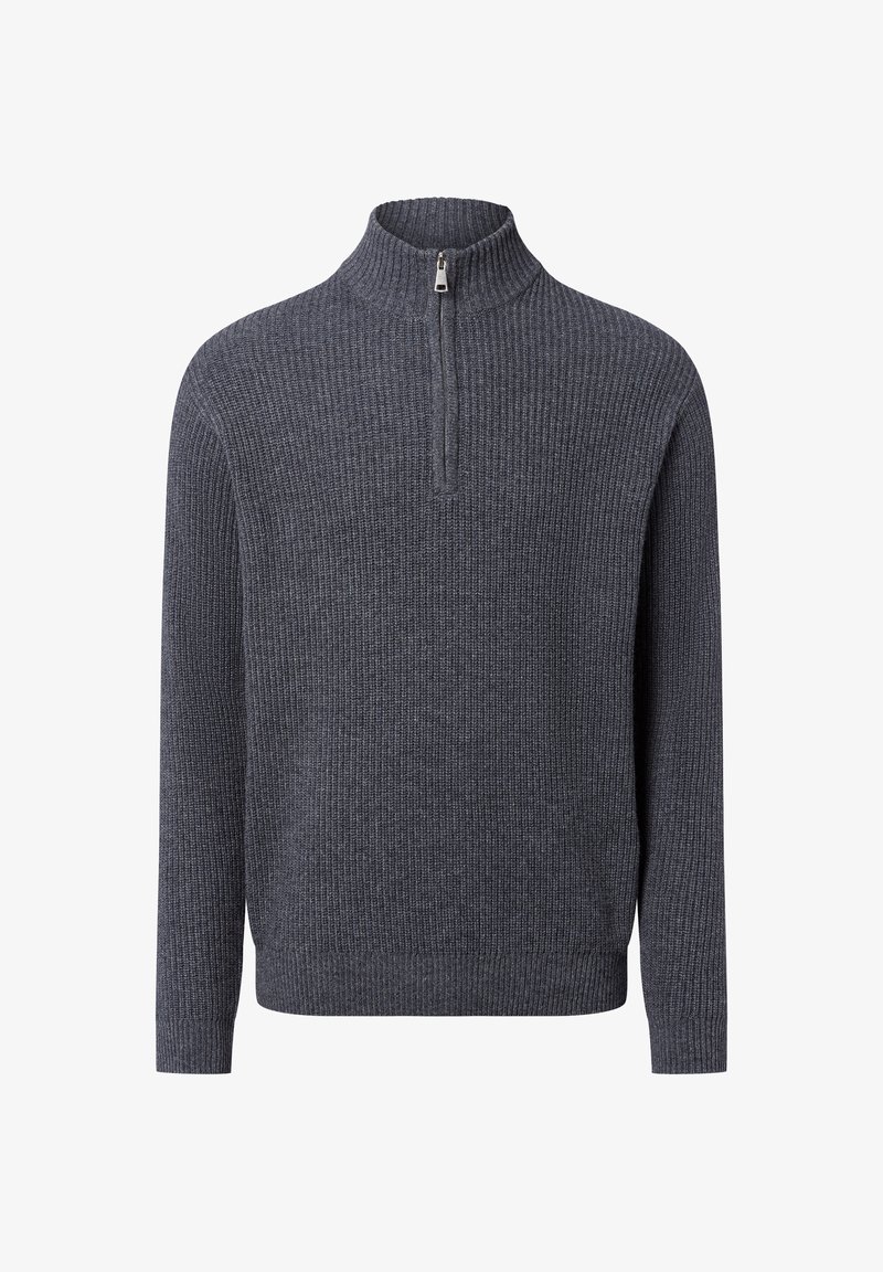 Sweater gris à côtes avec un col haut et une fermeture à glissière quart. Présente un tissu texturé et des manches longues avec un ourlet ajusté.