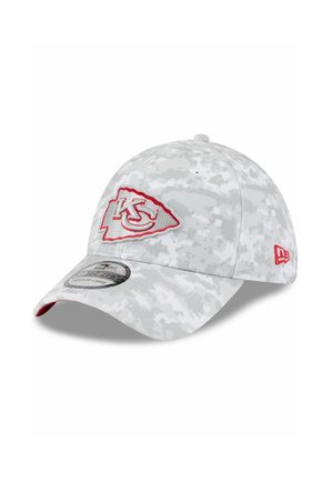 Gray camo baseball cap with red embossed "KC" logo, curved visor, and fabric tag. Features a structured design and adjustable back.